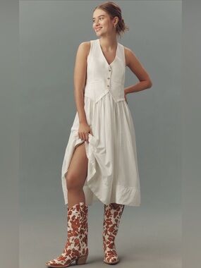 Anthropologie Pilcro Sleeveless Vest Twofer Midi Dress in White Size Large